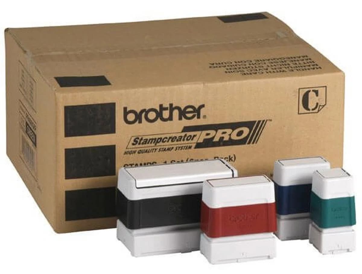 Brother Stampcreator PRO range showing white stamp housings with coloured bands