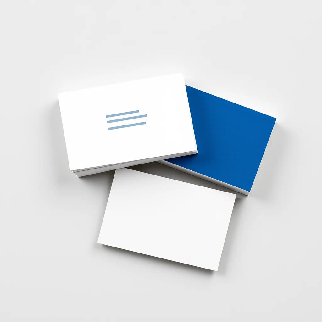 Business card stacks with white and blue sample designs and a loose blank card