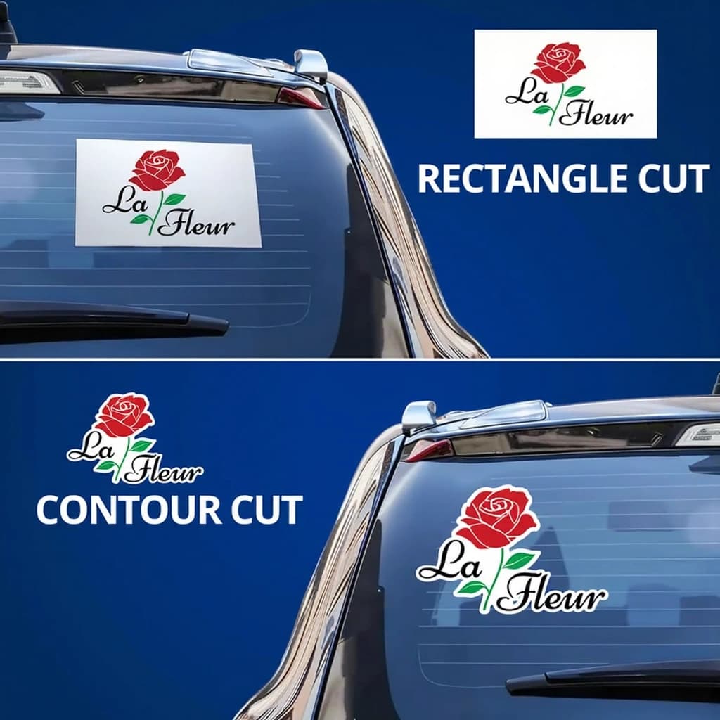 Rectangle-cut and contour-cut La Fleur decals compared on car rear windows