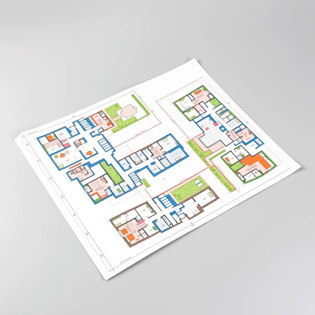 Illustrative example: architectural drawing prints with colour linework